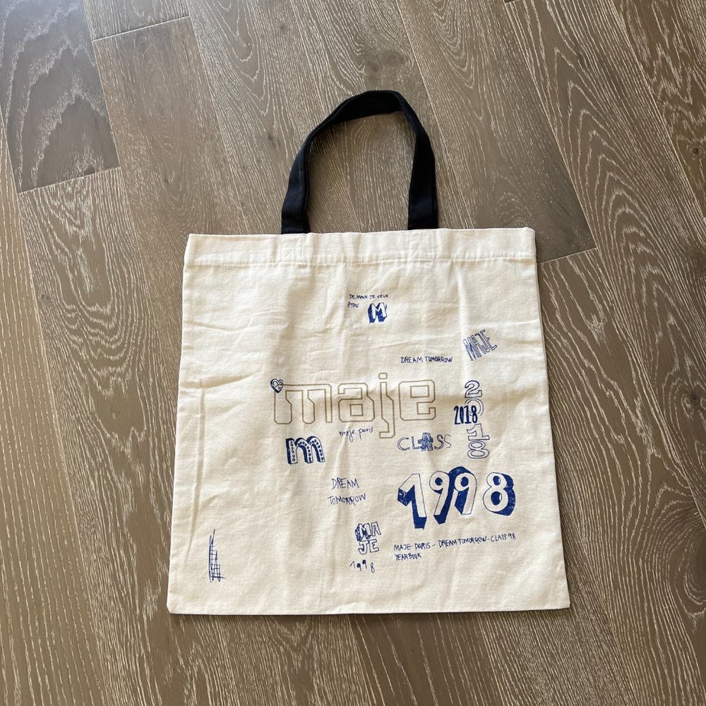Maje Paris Canvas Logo Tote Bag — Cream, Blue Class of 1998 Print, New